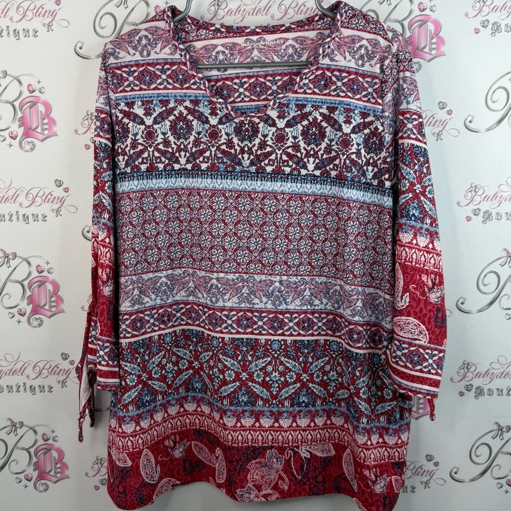 Allison Daley long sleeve shirt, paisley, floral, Red and Blue Patterned Blouse